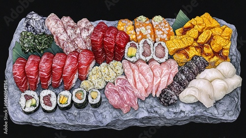 Obraz na płótnie Exquisite sushi platter showcasing diverse fish and seafood delicacies. A variety of nigiri, maki, sashimi, and other Japanese dishes, presented artistically on a stone slab w salonie