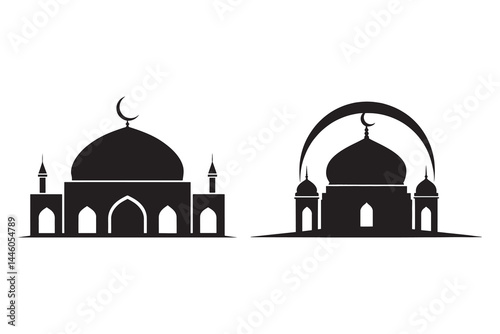 "Black mosque silhouette vector set with crescent moon and minarets isolated on white background for Islamic architecture, Ramadan, Eid Mubarak, Muslim worship, and religious celebration icons"