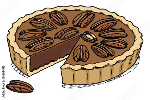93 pecan pie, photorealistic, high detail, rich brown color, golden crust, fluted edges, whole pecans, glistening filling, overhead view, isolated on white background, food photography, soft lighting,