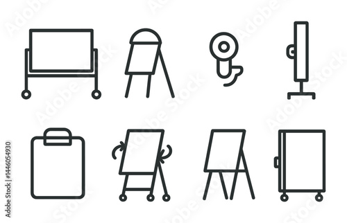 Collection of minimalist office and presentation equipment icons for design and functionality
