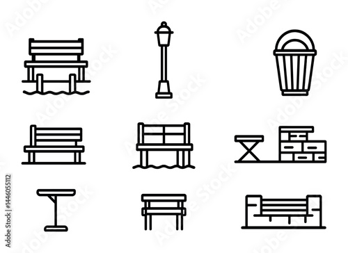 Urban park equipment icon set – outline style for city design, garden, and recreation projects: park bench, street lamp, trash can, picnic table, fountain, flower bed, bike rack, playground