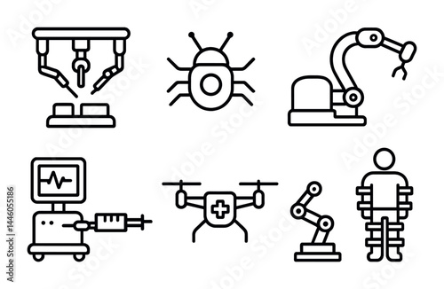 Healthcare technology outline icons – linear style medical innovation, advanced robotics, and health symbols: robotic arm, drone, exoskeleton, medical robot, bug, monitor.