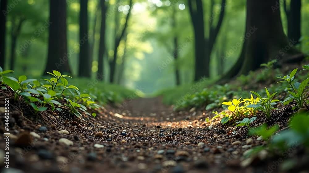 Close-up view of a forest path with pebbles and young green plants, captured in natural sunlight, surrounded by tall trees, symbolizing nature