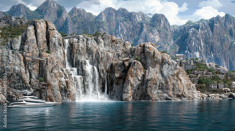 Majestic waterfall cascading down rocky cliffs into a calm bay, near a small village nestled amongst mountains