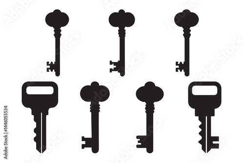 Black silhouette vector set of antique and modern keys isolated on white background for lock, security, access, keyhole, home safety, vintage design, locksmith tools, and password protection icons"