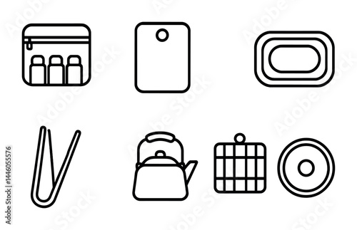 Essential kitchen tools line icons set – outline style for culinary, cooking, and food prep: spice jar, cutting board, tray, tongs, kettle, oven mitts, pan lid.