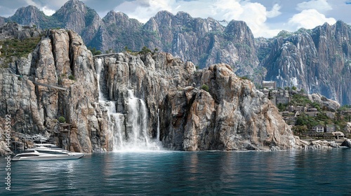 Majestic waterfall cascading down rocky cliffs into a calm bay, near a small village nestled amongst mountains