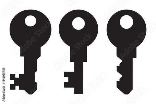 "Black silhouette vector set of vintage round head keys isolated on white background for lock and security concepts, antique design, access tools, privacy icons, and locksmith illustrations"