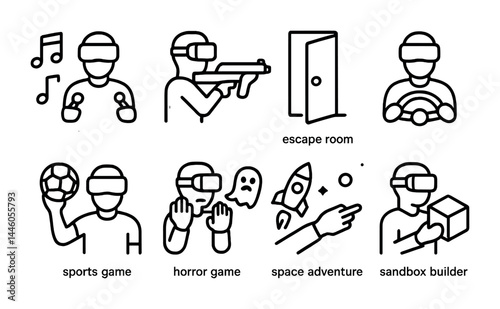 Virtual reality gaming icons - outline style for interactive experience and technology enthusiasts: music, shooting, escape room, sports, horror, adventure, sandbox