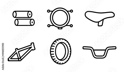 Bicycle components outline icon set – linear style cycling, sports, and gear symbols for bike design: frame, wheel, seat, handlebar, tire, pedal, chain.