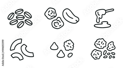 Gourmet cooking ingredients icons set – outline style culinary, kitchen, and recipe symbols for food design: beans, cucumber, honey, spices, crumbs.