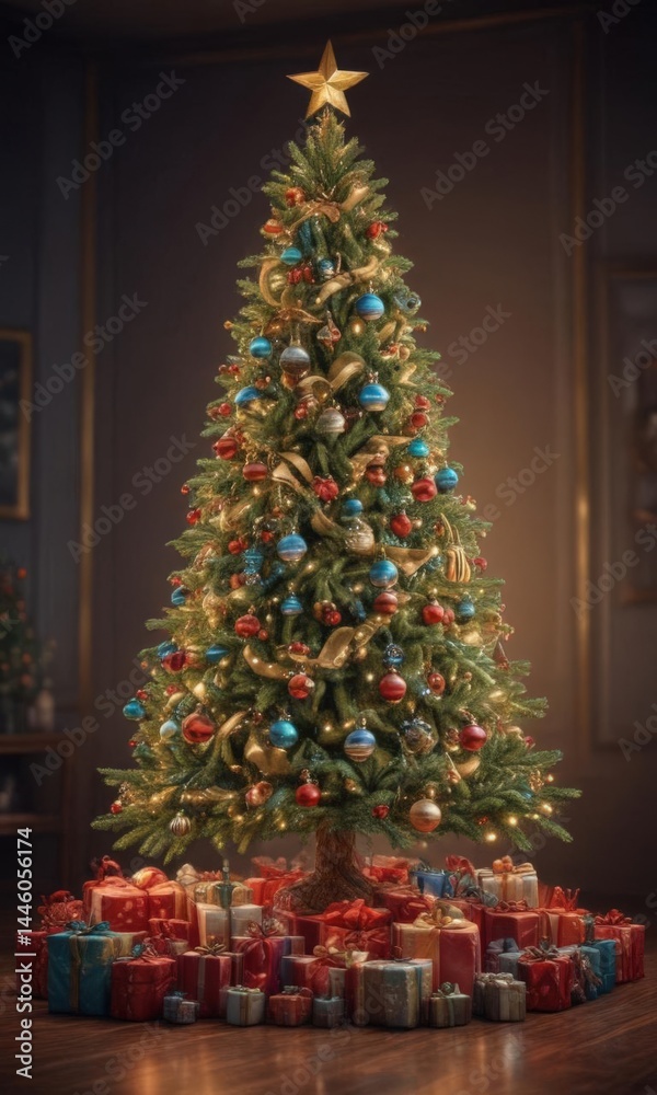 Ornate Christmas tree, vibrant gifts overflow, festive cheer , art, backdrop, decoration Ornate Christmas tree, vibrant gifts overflow, festive cheer , art, backdrop, decoration