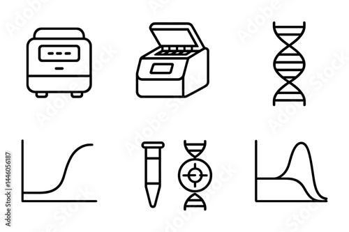 Biotechnology and laboratory outline icons – linear style scientific research, dna analysis, and lab equipment for academic use: thermal cycler, dna helix, graph, pcr tube.