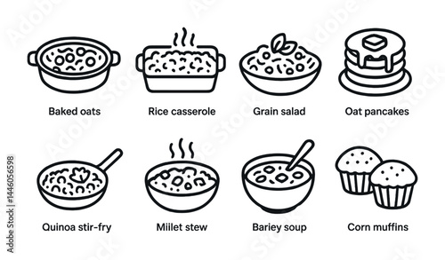 Healthy vegetarian food icon set - outline style recipes, nutrition, and meal planning symbols: baked oats, rice casserole, grain salad, oat pancakes, quinoa stir-fry, millet stew.