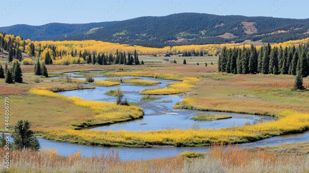 Serene autumnal river meanders through a colorful valley. The vibrant yellow aspens frame the winding stream amidst the pine-studded landscape
