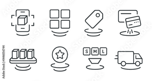 E-commerce shipping and payment icon set - minimalist outline style for retail, online shopping, and transactions: barcode scanner, product grid, price tag, credit card, warehouse, star, size options