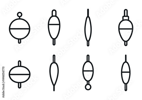 Fishing bobbers icon set – outline style marine, angling, and sports symbols for fishing enthusiasts: round bobber, pear-shaped bobber, stick bobber, cylindrical bobber, oval bobber, teardrop bobber,