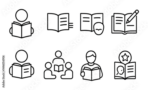 Educational learning outline icon set: flat style study, school, and literacy symbols for teaching: student, open book, classroom, group study, reading, star badge