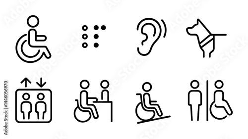 Accessibility outline icon set – linear style inclusive design, disability, and universal access symbols: wheelchair, braille, hearing aid, guide dog, elevator, ramp, restroom.