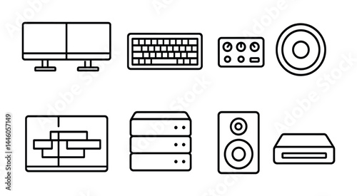 Audio technology icons set – outline style for music production, recording studio, and sound engineering: speakers, mixer, keyboard, monitor, synthesizer, server.