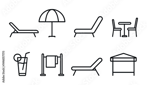 Minimalist summer beach icons for vacation design and leisure themes
