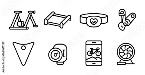 Cycling and fitness outline icons – linear style gym, exercise, and health symbols for workout enthusiasts: exercise bike, treadmill, heart rate monitor, bike crank, smartphone app, fitness fan.