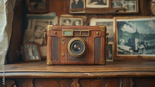 Vintage leather camera rests on antique wooden shelf among framed photos.