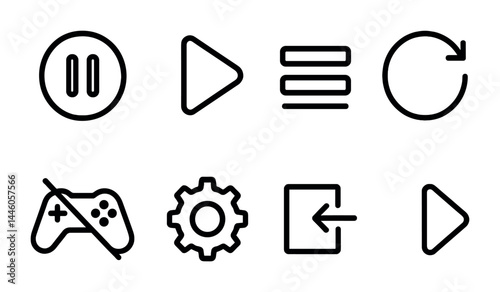 Media control line icons set – outline style for digital interface, music, and video apps: pause, play, menu, refresh, no gaming, settings, logout, enter