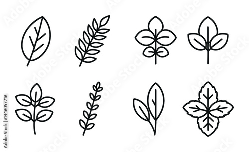 Nature plant outline icons set – linear style foliage, botany, and greenery symbols for eco projects: leaf, branch, herb, flora, stem, frond, vine, shrub.