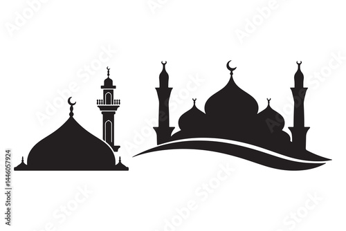 Black silhouette vector set of Islamic mosques with domes, minarets, and crescent moons isolated on white background for Ramadan, Eid, Muslim prayer, Islamic architecture, and religious symbols"