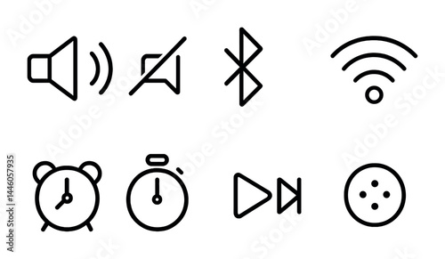 Communication and connectivity outline icon set – linear style gadgets, devices, and network symbols for digital interface: speaker, mute, bluetooth, wifi, alarm, timer, play, settings.