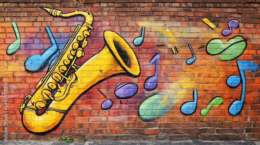 Vibrant saxophone mural on a brick wall, adorned with musical notes