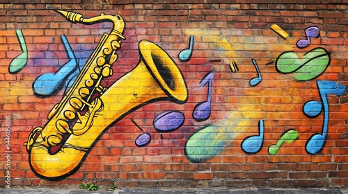 Vibrant saxophone mural on a brick wall, adorned with musical notes