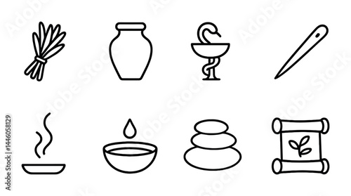 Traditional medicine line icons set – outline style for herbology, healing, and wellness: herbs, jar, caduceus, needle, incense, oil bowl, stones, scroll.