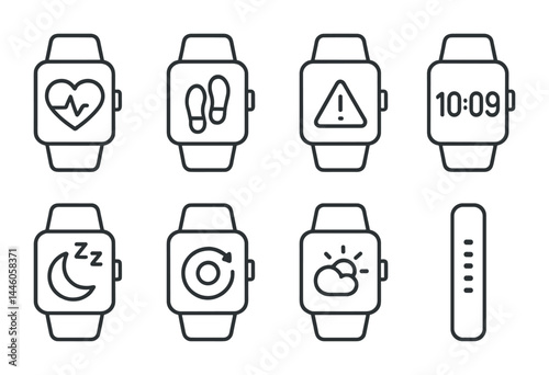 Smartwatch outline icons set – linear style health, fitness, and time management devices: heart rate, pedometer, alert, time display, sleep, rotate, weather, progress