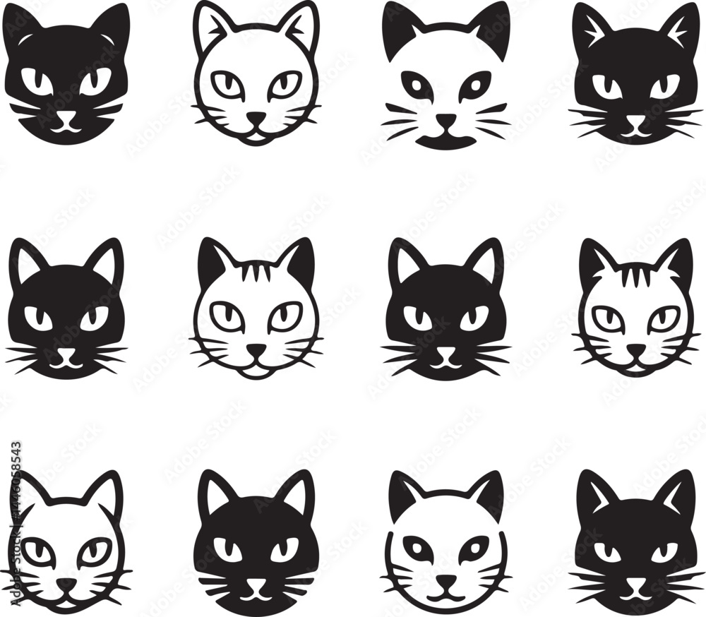 Cat Head Silhouette Vector Set – 12 Unique Styles in Square Grid Layout for Logos, T-Shirts & Prints Cat Head Silhouette Vector Set – 12 Unique Styles in Square Grid Layout for Logos, T-Shirts & Prints