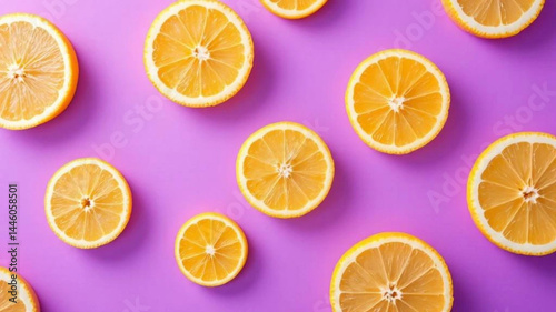 Obraz na płótnie Slices of orange on purple background. w salonie