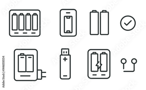 Battery and charger outline icons set – line style power storage, energy management, and device symbols for tech design: battery pack, mobile phone, batteries, charger, power bank, energy check,