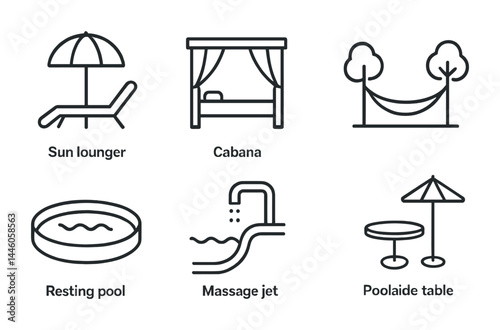 Poolside relaxation icons set – outline style for summer fun, resort leisure, and outdoor vibes: sun lounger, cabana, hammock, pool, massage jet, table.