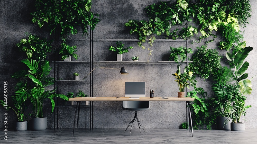 Modern desk with monitor, chair, and plants on gray concrete wall