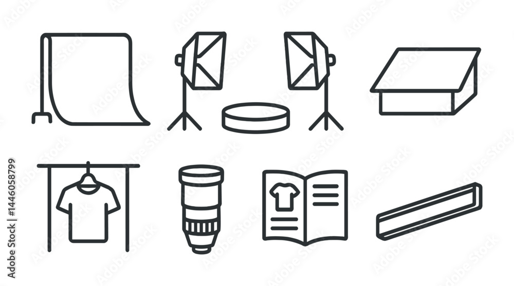 Photography studio equipment outline icon set – linear style symbols for creative spaces: softbox, light stand, lens, backdrop, product box, clothing rack, reflector Photography studio equipment outline icon set – linear style symbols for creative spaces: softbox, light stand, lens, backdrop, product box, clothing rack, reflector