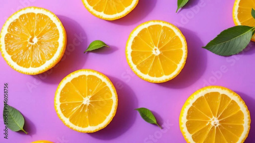 Obraz na płótnie Slices of orange on purple background. w salonie