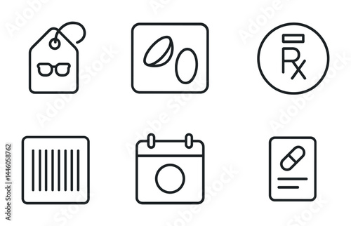 Pharmacy and health care line icons – outline style medical, wellness, and drugstore symbols for perfect organization: prescription, medication, barcode, calendar, price tag, pills.