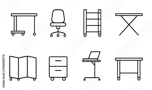 Office furniture outline icon set – linear style workspace, desk, and chair symbols for interior design: table, chair, shelf, folding table, room divider, cabinet, office desk.