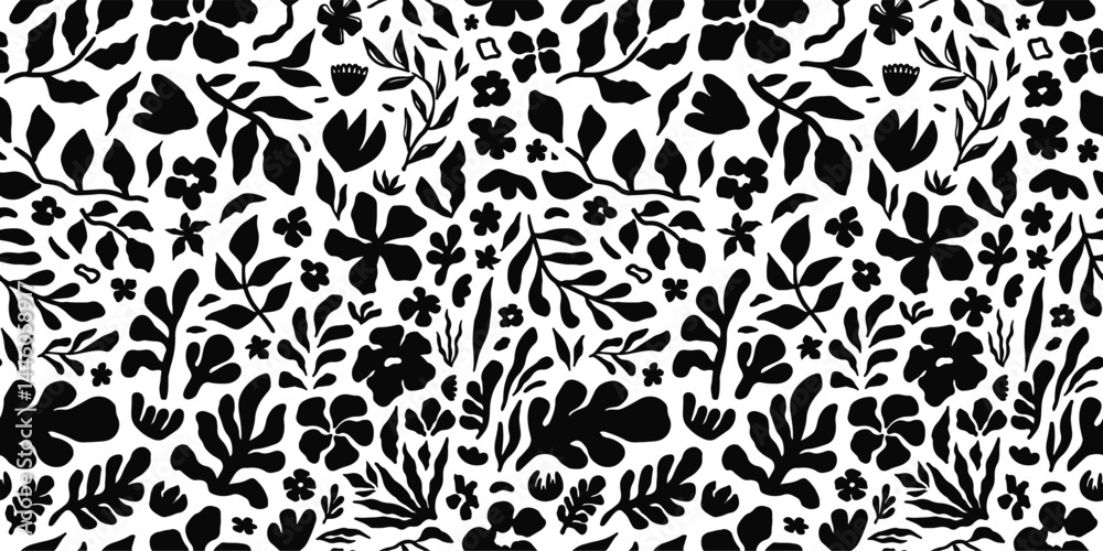Seamless floral pattern with black botanical silhouettes on a white background. Elegant hand drawn flowers and leaves for textile, wallpaper, packaging, and digital projects. Modern monochrome design Seamless floral pattern with black botanical silhouettes on a white background. Elegant hand drawn flowers and leaves for textile, wallpaper, packaging, and digital projects. Modern monochrome design