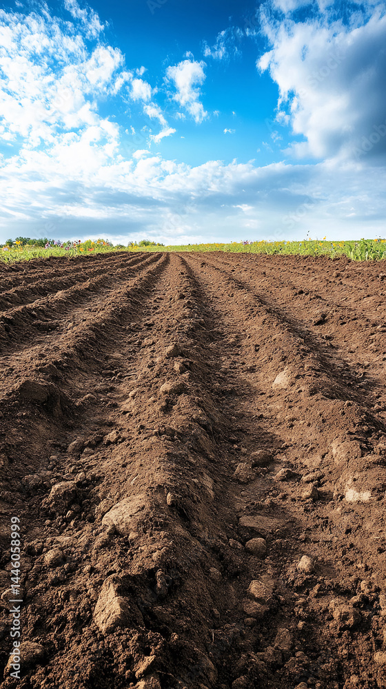 Dark brown soil texture, freshly plowed field, rows visible, blue sky with clouds background, suggesting new beginnings, agriculture, and growth Dark brown soil texture, freshly plowed field, rows visible, blue sky with clouds background, suggesting new beginnings, agriculture, and growth