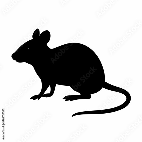 Black rat silhouette sitting on the ground isolated on white background