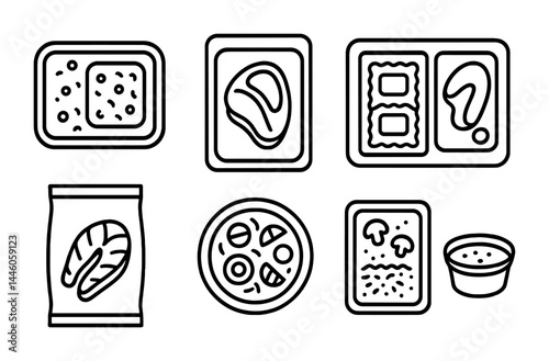 Food catering and supply icons set – outline style for menu design, restaurant planning, and culinary branding: pizza, steak, ravioli, rice bowl, salad, packaged food