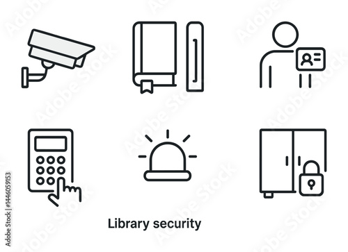 Library security icons featuring camera, books, identification, keypad, alarm, and locked cabinet for digital and print design