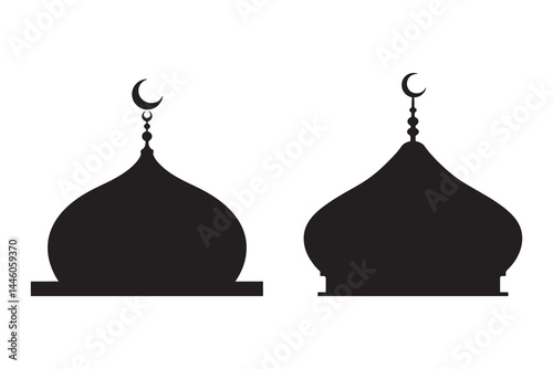 Black silhouette vector set of Islamic mosque domes with crescent moons isolated on white background for Ramadan, Eid Mubarak, Muslim worship, Islamic architecture, and religious symbols"